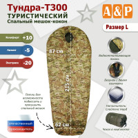 Спальный мешок туристический "Тундра - Т300". Размер L. Цвет: мультикам.